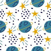 Seamless space-themed pattern with planets, stars, and abstract cosmic elements in bold blue and yellow tones, perfect for kids textiles, wallpapers, wrapping paper, and playful space designs vector