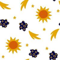 Seamless cartoon space pattern with yellow suns, abstract asteroids, shooting stars, and tiny space elements on a white background, perfect for kids textiles, wallpapers, and creative prints vector