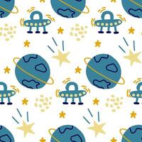 Seamless playful space pattern with UFOs, planets, stars, and cosmic elements in blue, yellow, and beige on white background, ideal for kids designs, fabrics, wallpapers, and wrapping paper vector