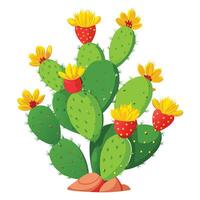 Prickly Pear Cactus with Purple Flowers and Green Leaves in a Garden Setting vector