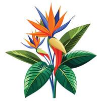 Intricate Details of a Bird of Paradise Plant in a Natural Setting with Wildflowers and Butterflies vector