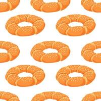 Seamless pattern with Turkish sesame bagel simit in cartoon style. Perfect for breakfast cafe background, bakery, kitchen design, print, cafe menu, wrapping paper on white background. vector