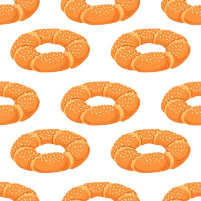 Seamless pattern with Turkish sesame bagel simit in cartoon style. Perfect for breakfast cafe background, bakery, kitchen design, print, cafe menu, wrapping paper on white background.