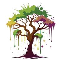 Vibrant Abstract Ink Splash Tree with Brightly Colored Leaves and Trunk in a Whimsical Setting vector