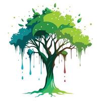 Botanical Abstract Ink Splash Tree with Green Leaves and Trunk in a Natural Setting vector