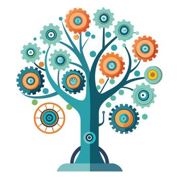 vibrante alimentado por ai robot árbol con brillantemente de colores hojas y maletero en un alta tecnología ajuste vector