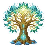 Vibrant Ancient Sacred Tree with Brightly Colored Leaves and Trunk in a Whimsical Setting vector