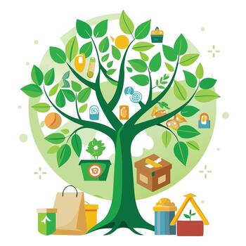 Vibrant Biodegradable Packaging Tree with Brightly Colored Leaves and Trunk in a High-Tech Setting vector