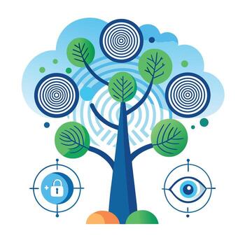 vibrante biométrico seguridad árbol con brillantemente de colores hojas y maletero en un alta tecnología ajuste vector