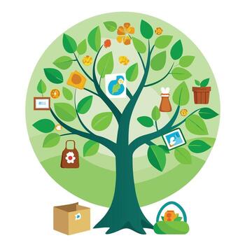 Watercolor Biodegradable Packaging Tree with Soft Leaves and Trunk in a Natural Setting vector