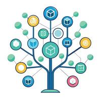 Vibrant Blockchain Technology Tree with Brightly Colored Leaves and Trunk in a High-Tech Setting vector