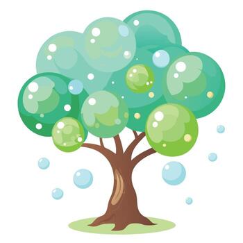 Botanical Bubble Tree with Green Leaves and Trunk in a Natural Setting vector