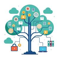 Cloud Computing Tree with Purple Flowers and Green Leaves in a Garden Setting vector