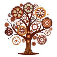 Clockwork Gear Tree with Purple Flowers and Green Leaves in a Garden Setting vector