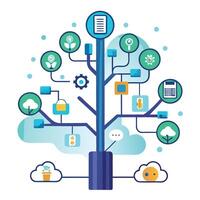 Beautiful Cloud Computing Tree with Futuristic Elements and Green Leaves vector