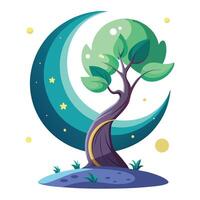 Detailed Illustration of a Crescent Moon Tree with White Petals and Long Stems Isolated on a white Background vector