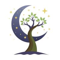 Crescent Moon Tree with Pink Flowers and Green Leaves in a Garden Setting vector