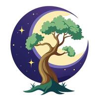 Beautiful Crescent Moon Tree with Mystical Elements and Green Leaves Isolated on a white Background vector