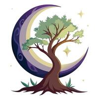 Crescent Moon Tree with Purple Flowers and Green Leaves in a Garden Setting Isolated on a white Background vector