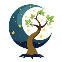 Beautiful Crescent Moon Tree with Mystical Elements and Green Leaves vector