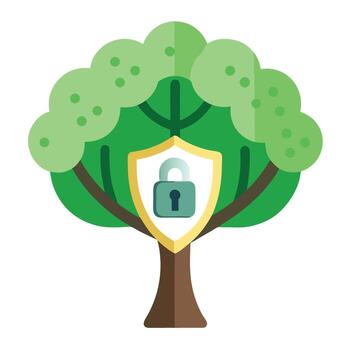 Vibrant Cybersecurity Shield Tree with Brightly Colored Leaves and Trunk in a High-Tech Setting vector