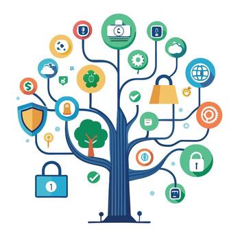 Vibrant Data Privacy Tree with Brightly Colored Leaves and Trunk in a High-Tech Setting vector