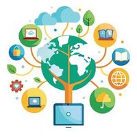 Digital Nomad Tree with Modern Leaves and Trunk in a Futuristic Setting vector