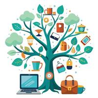 Digital Nomad Tree with Modern Leaves and Trunk in a Futuristic Setting Isolated on a white Background vector