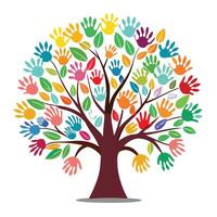 Vibrant Diversity and Inclusion Tree with Brightly Colored Leaves and Trunk in a High-Tech Setting vector