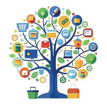 vibrante comercio electrónico crecimiento árbol con brillantemente de colores hojas y maletero en un alta tecnología ajuste vector
