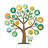 Vibrant E-commerce Growth Tree with Brightly Colored Leaves and Trunk in a High-Tech Setting Isolated on a white Background vector