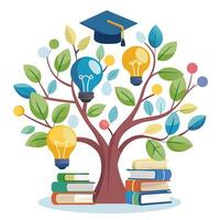 Abstract E-learning Knowledge Tree with Colorful Leaves and Trunk in a Whimsical Setting vector