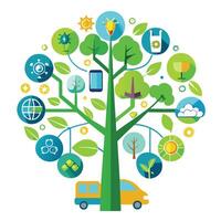 Abstract Eco-Friendly Transportation Tree with Colorful Leaves and Trunk in a Whimsical Setting vector