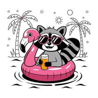 Funny Raccoon on Flamingo Float with Drink in Tropical Pool vector