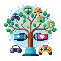 Beautiful Esports Gaming Tree with Gaming Elements and Green Leaves vector