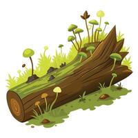 Fallen Tree with Mushrooms with Pink Flowers and Green Leaves in a Garden Setting vector