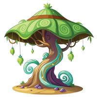 Beautiful Fantasy Enchanted Tree with Whimsical Elements and Green Leaves vector