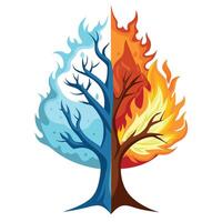 Fire and Ice Tree with Purple Flowers and Green Leaves in a Garden Setting vector