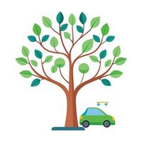 Flat Eco Tree with Electric Car Create a Flat Style with Pink Flowers and Green Leaves in a Garden Setting vector