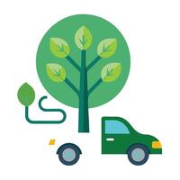 Beautiful Flat Eco Tree with Electric Car Create a Flat Style and Green Leaves vector