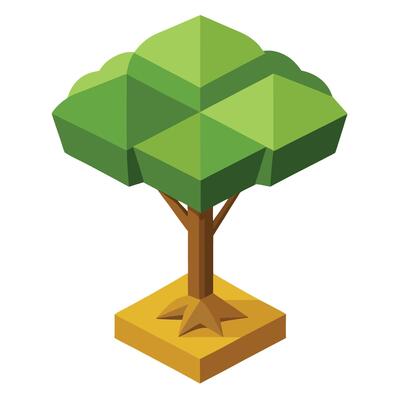Botanical Flat Tree with Green Leaves and Trunk in a Natural Setting Isolated on a white Background