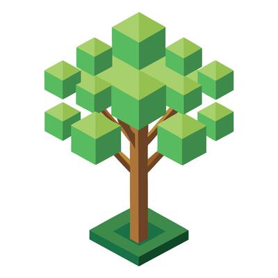 Botanical Flat Tree with Green Leaves and Trunk in a Natural Setting Isolated with white Background