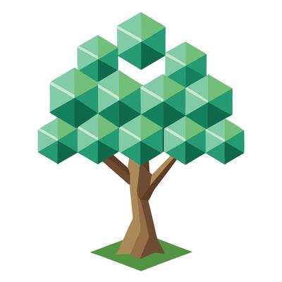 Flat Tree with Modern Leaves and Trunk in a Futuristic Setting Isolated with white Background