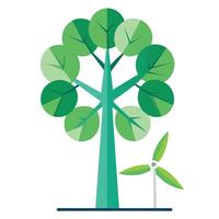 Botanical Flat Tree with a Green Wind Turbine Canopy in a Natural Setting vector