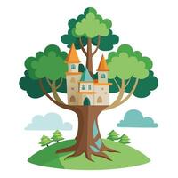 Intricate Flat Tree with a Delicate Castle Trunk in a Fantasy Setting vector