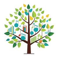 Flat Tree with a Music Equalizer Pattern as Canopy for a Musical and Harmonious Design with Pink Flowers and Green Leaves vector