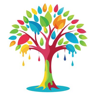 Flat Tree with a Paintbrush as the Trunk Representing Art and Creativity with Purple Flowers and Green Leaves