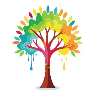 Detailed Illustration of a Flat Tree with a Paintbrush as the Trunk Representing Art and Creativity