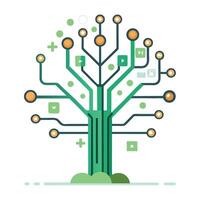 Flat Tree with a Network of Circuit Board Lines for a Technological and Innovative Design with Pink Flowers and Green Leaves vector