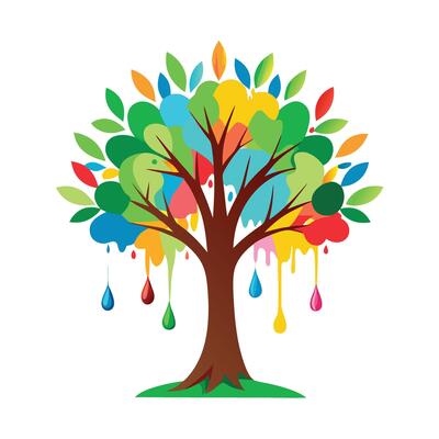 Flat Tree with a Paintbrush as the Trunk Representing Art and Creativity in a Garden Setting